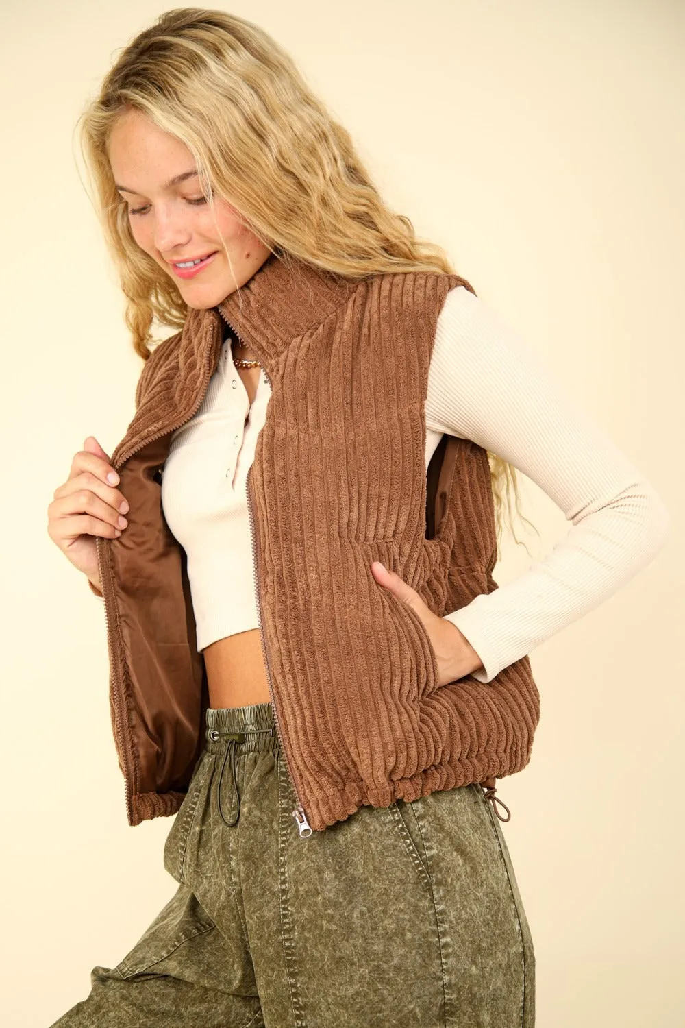 VERY J Zip Up Padded Corduroy Puffer Vest sold by Charming Charlie product image thumbnail 2
