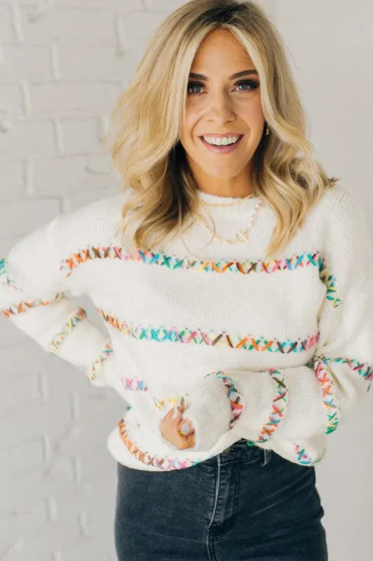 White Crossed Stitch Drop Shoulder Sweater sold by Charming Charlie