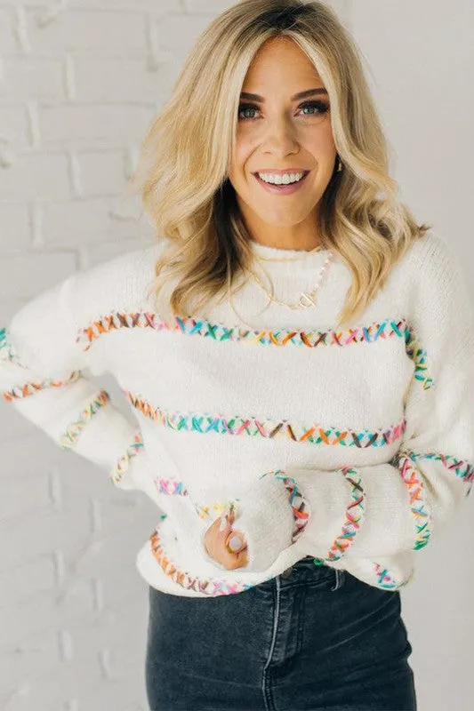 White Crossed Stitch Drop Shoulder Sweater sold by Charming Charlie
