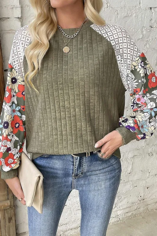 Green Floral Patchwork Long Sleeve Ribbed Blouse sold by Charming Charlie