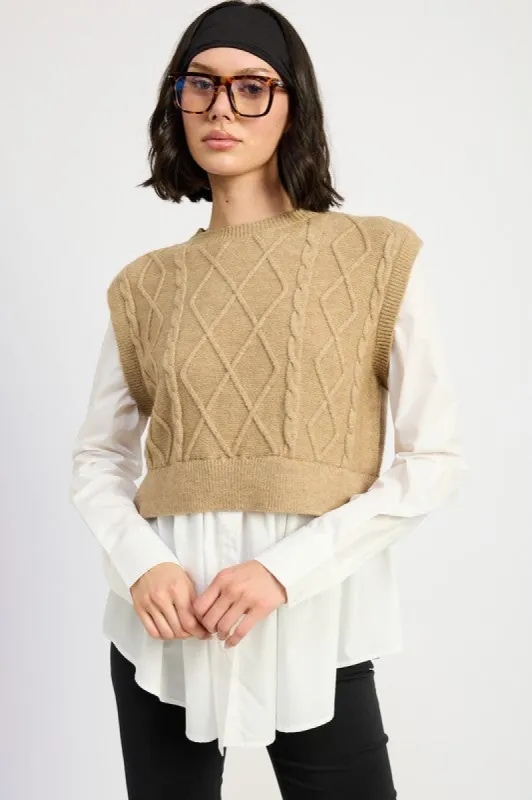 CABLE TWO FER SWEATER TOP sold by Charming Charlie