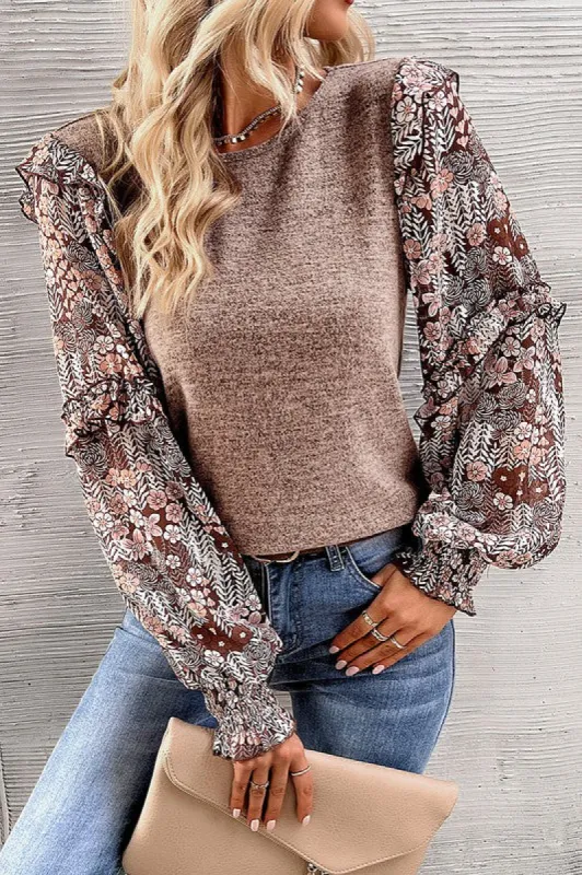 Ruffle Tiered Floral Sleeve Crew Neck Blouse sold by Charming Charlie