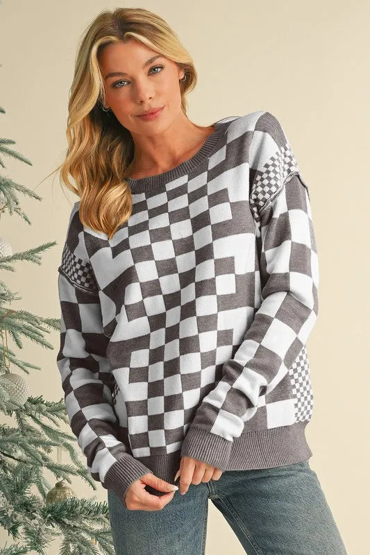 Checkered Drop Shoulder Round Neck Sweater sold by Charming Charlie product image thumbnail 4