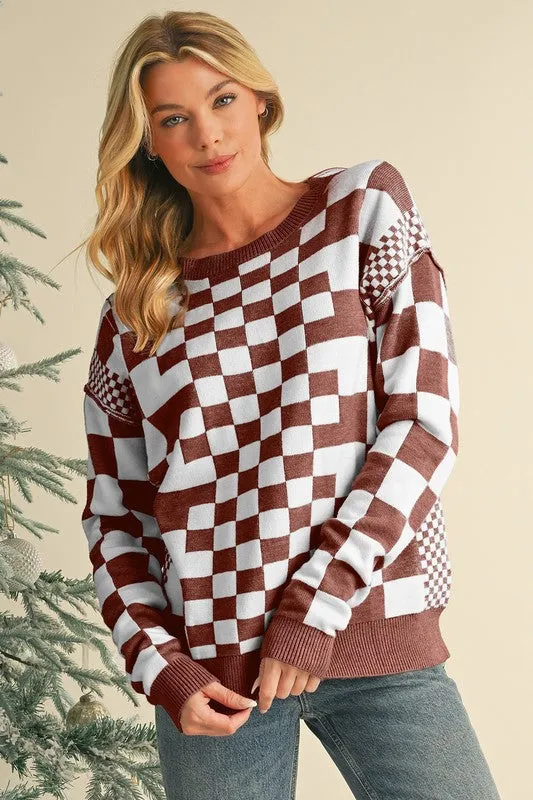 Checkered Drop Shoulder Round Neck Sweater sold by Charming Charlie