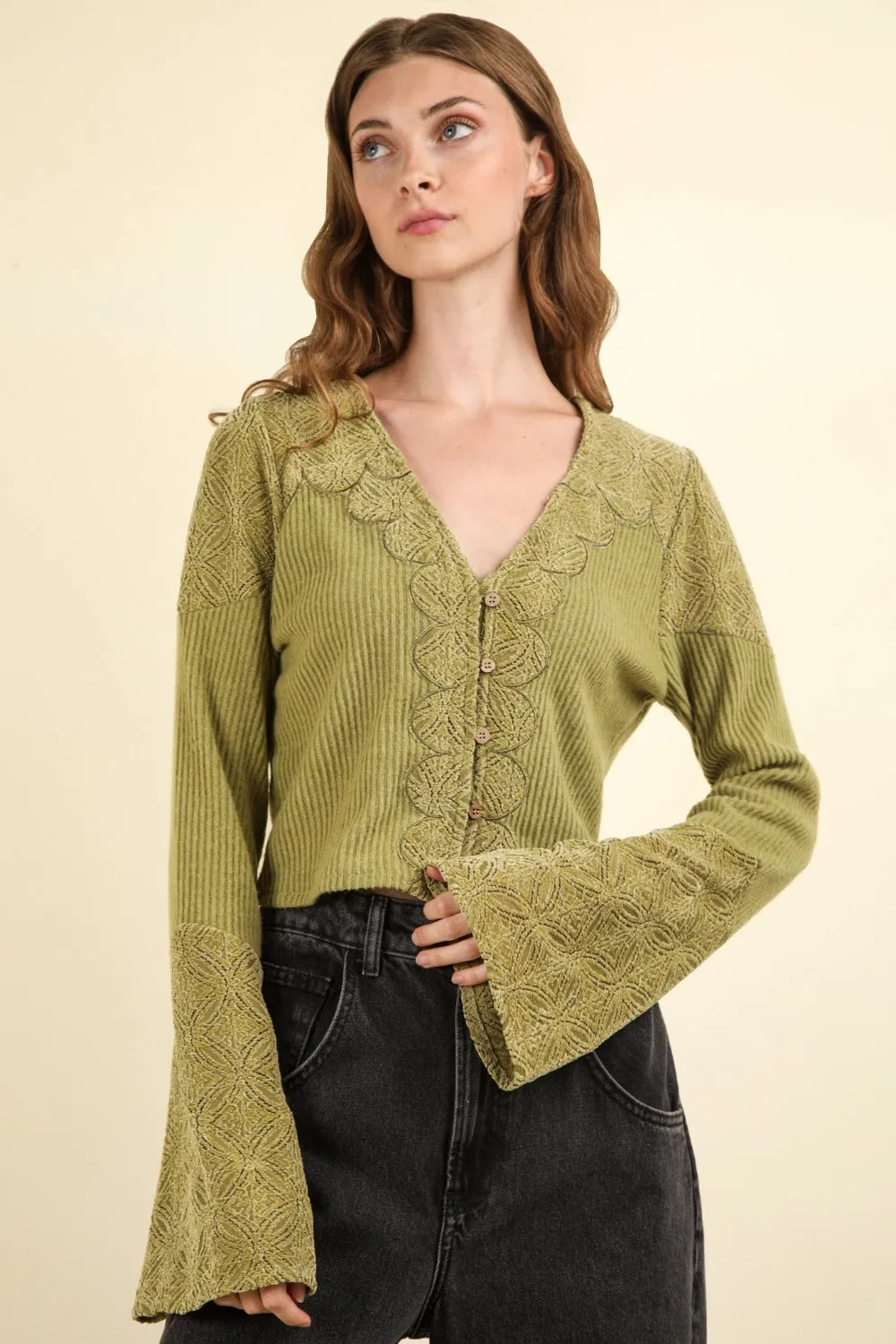 VERY J V-Neck Lace Detail Button Down Crop Ribbed Knit Top sold by Charming Charlie product image thumbnail 4