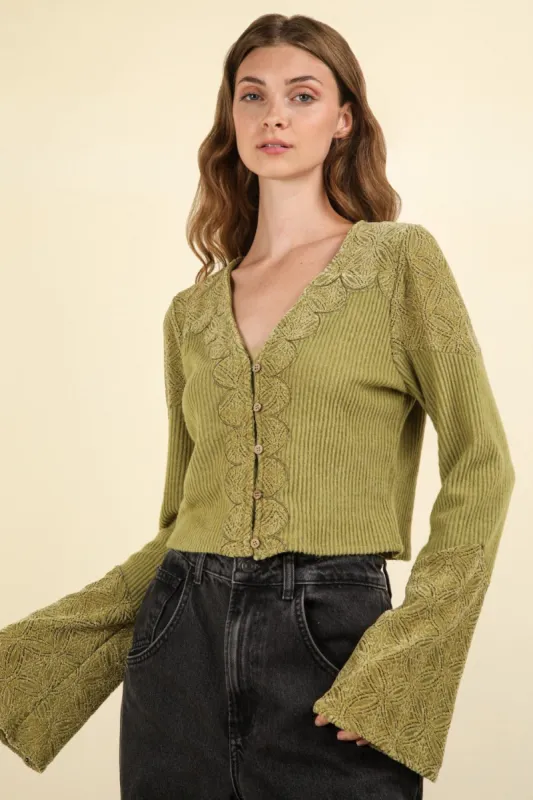 VERY J V-Neck Lace Detail Button Down Crop Ribbed Knit Top sold by Charming Charlie