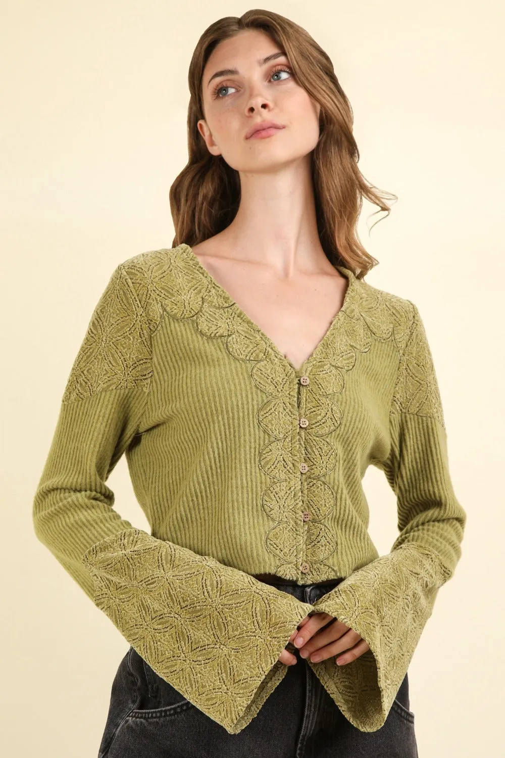 VERY J V-Neck Lace Detail Button Down Crop Ribbed Knit Top sold by Charming Charlie product image thumbnail 5