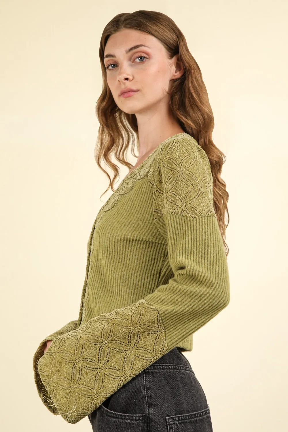 VERY J V-Neck Lace Detail Button Down Crop Ribbed Knit Top sold by Charming Charlie product image thumbnail 3