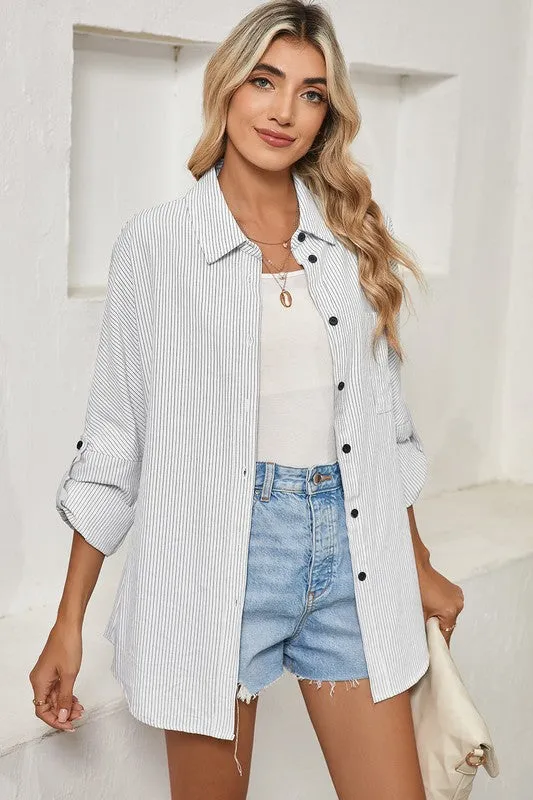 Stripe Roll-tab Sleeve Pocketed Long Shirt sold by Charming Charlie product image thumbnail 3