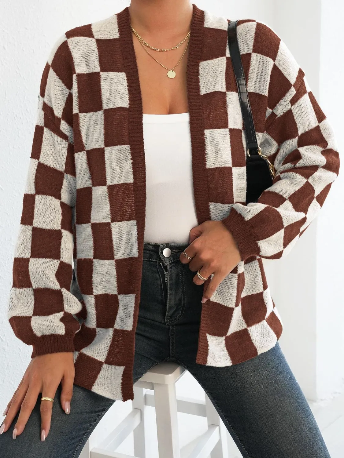 Checkered Open Front Long Sleeve Cardigan sold by Charming Charlie product image thumbnail 5