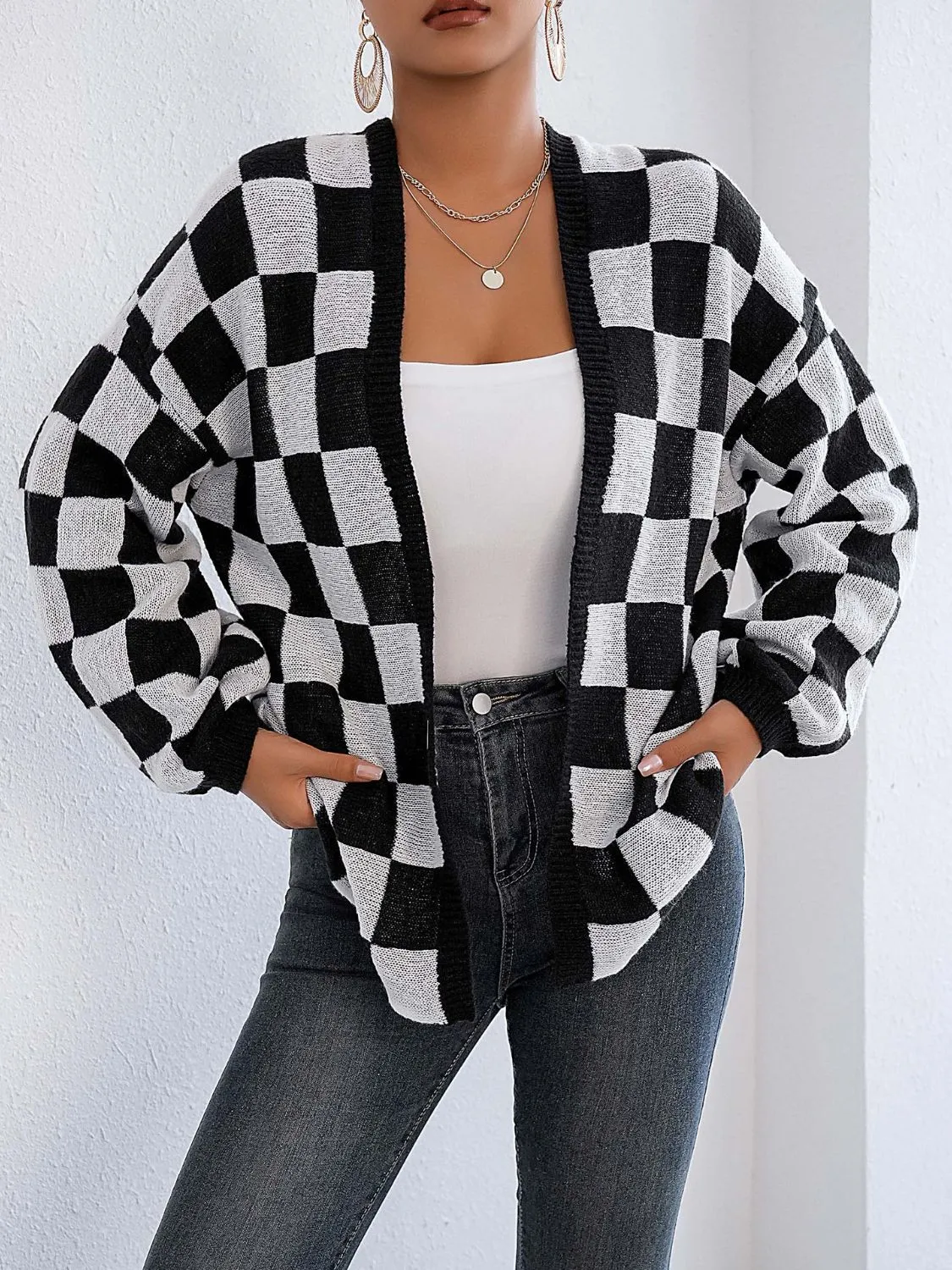 Checkered Open Front Long Sleeve Cardigan sold by Charming Charlie product image thumbnail 3