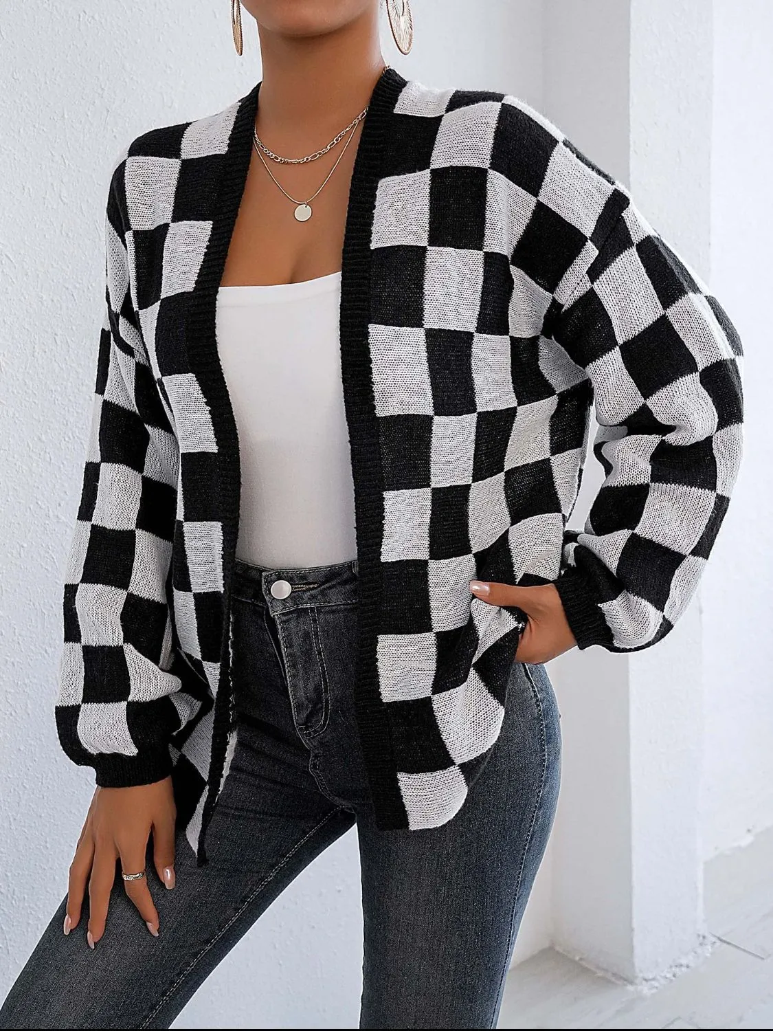 Checkered Open Front Long Sleeve Cardigan sold by Charming Charlie