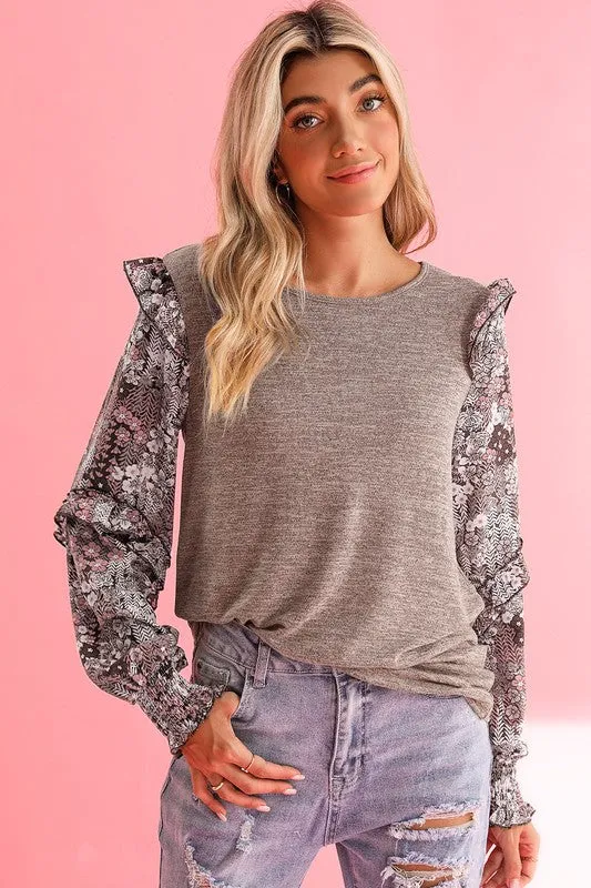 Ruffle Tiered Floral Sleeve Crew Neck Blouse sold by Charming Charlie product image thumbnail 3