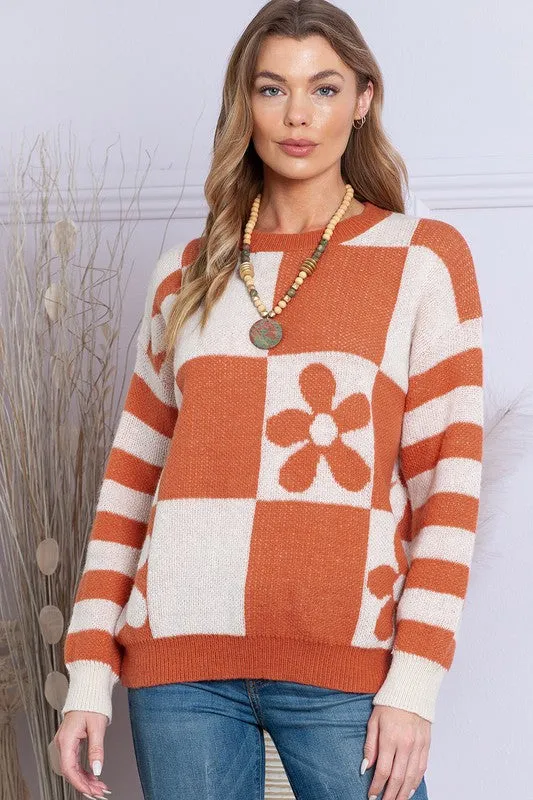 Checkered Floral Print Striped Sleeve Sweater sold by Charming Charlie product image thumbnail 2