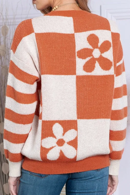 Checkered Floral Print Striped Sleeve Sweater sold by Charming Charlie product image thumbnail 4