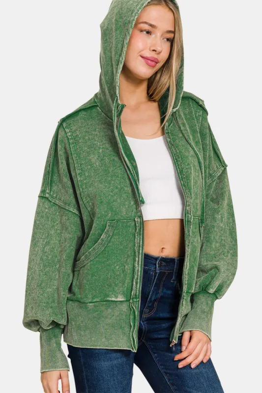 Zenana Acid Washed French Terry Zip-Up Hoodie with Pockets sold by Charming Charlie