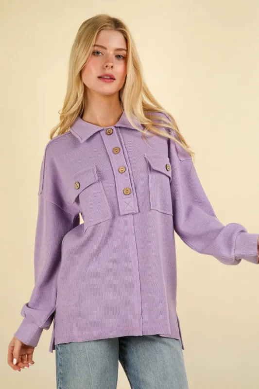 VERY J Collared Half Button Knit Top with Pockets sold by Charming Charlie