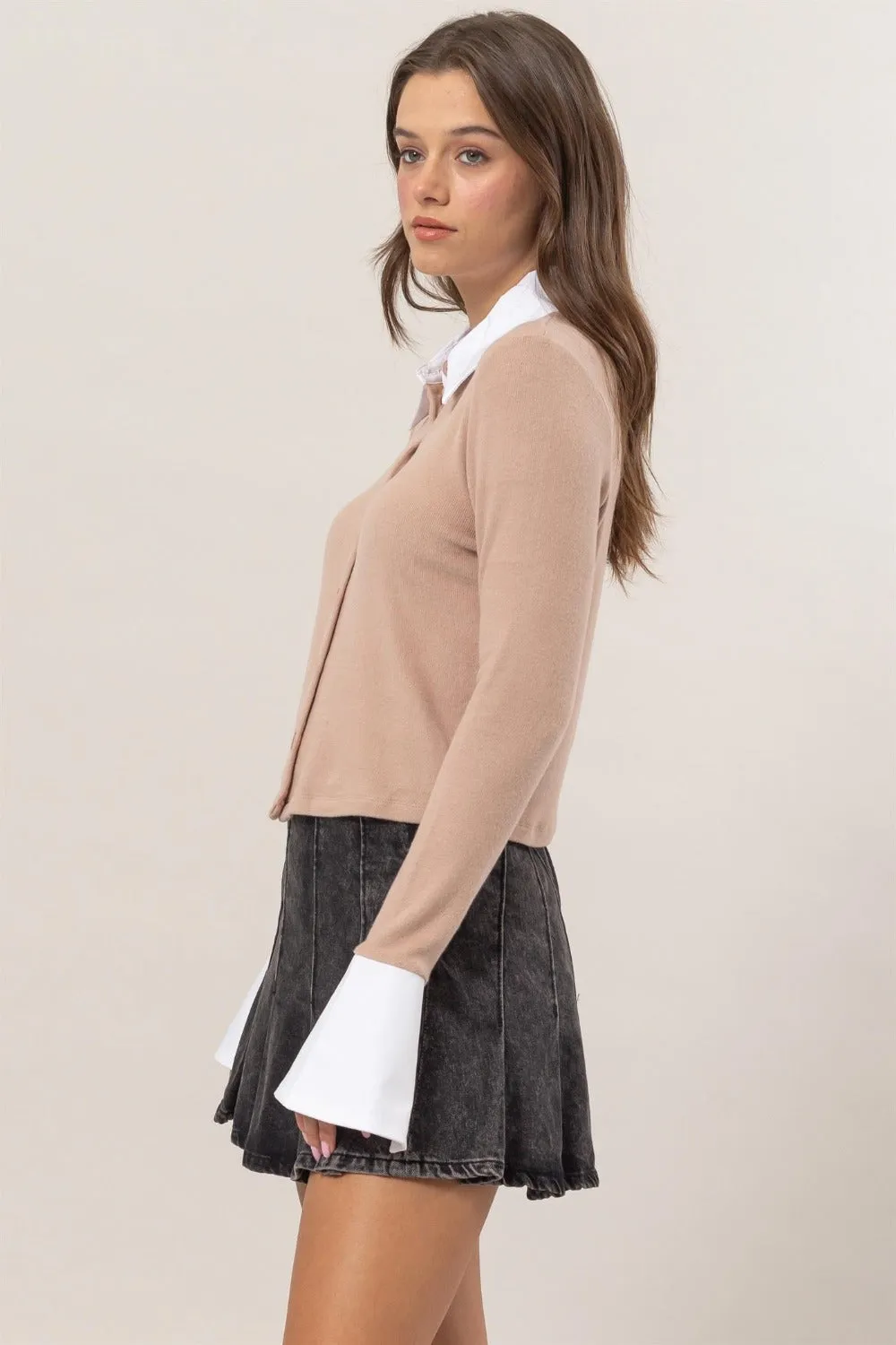 HYFVE Collared Contrast Button Down Crop Knit Cardigan sold by Charming Charlie product image thumbnail 4