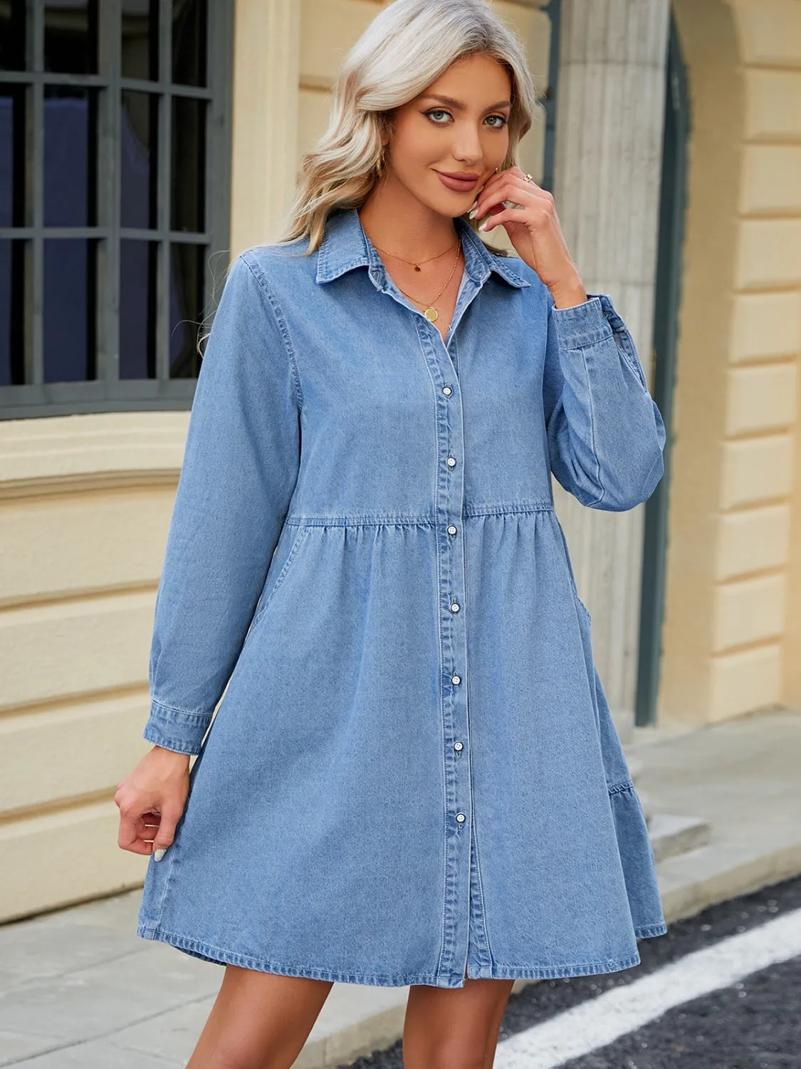 Tiered Button Up Long Sleeve Denim Dress sold by Charming Charlie product image thumbnail 5