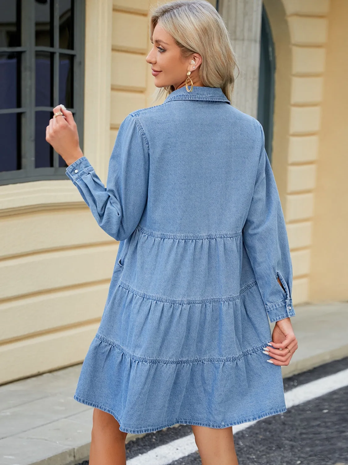 Tiered Button Up Long Sleeve Denim Dress sold by Charming Charlie product image thumbnail 2