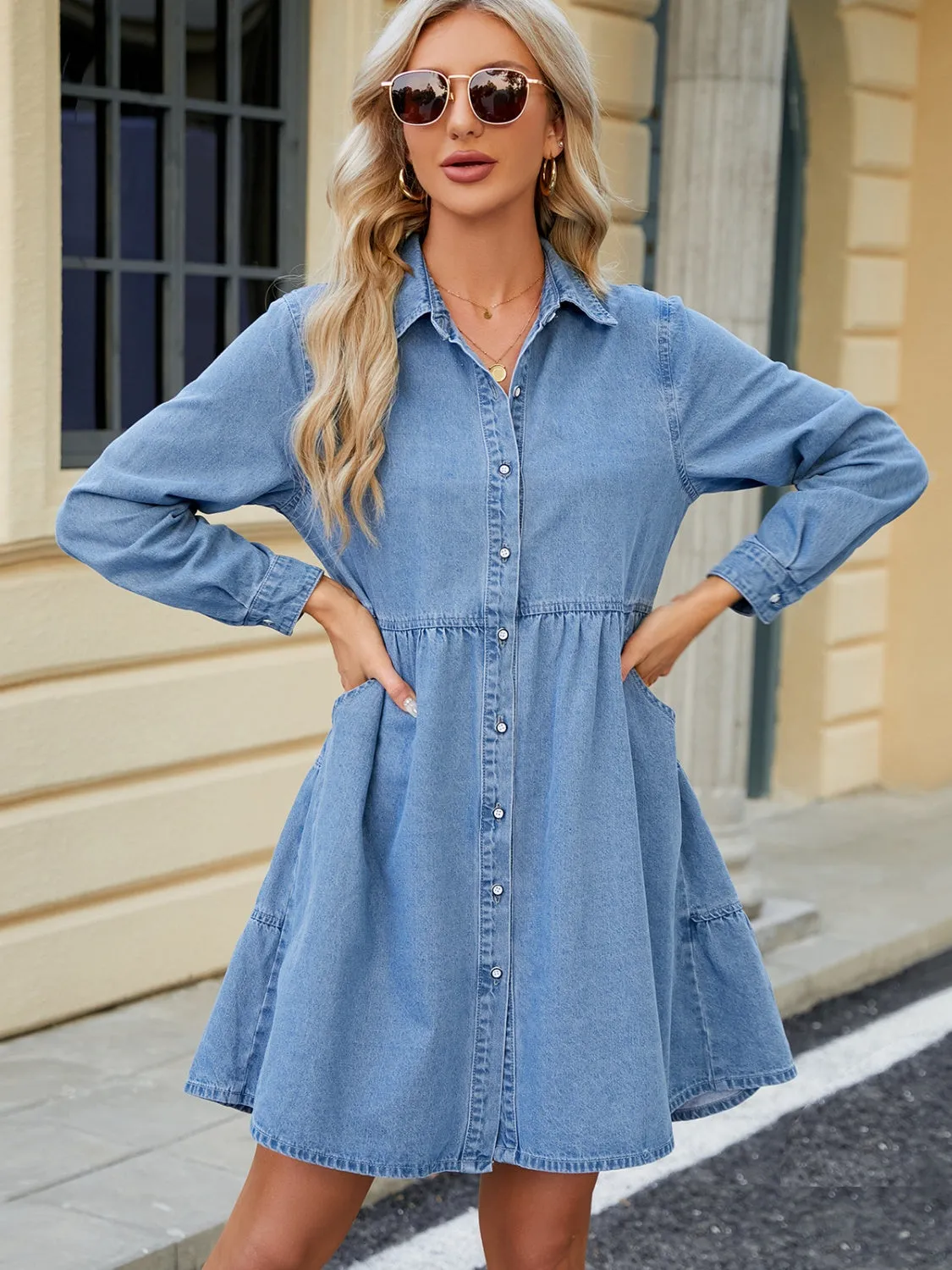 Tiered Button Up Long Sleeve Denim Dress sold by Charming Charlie