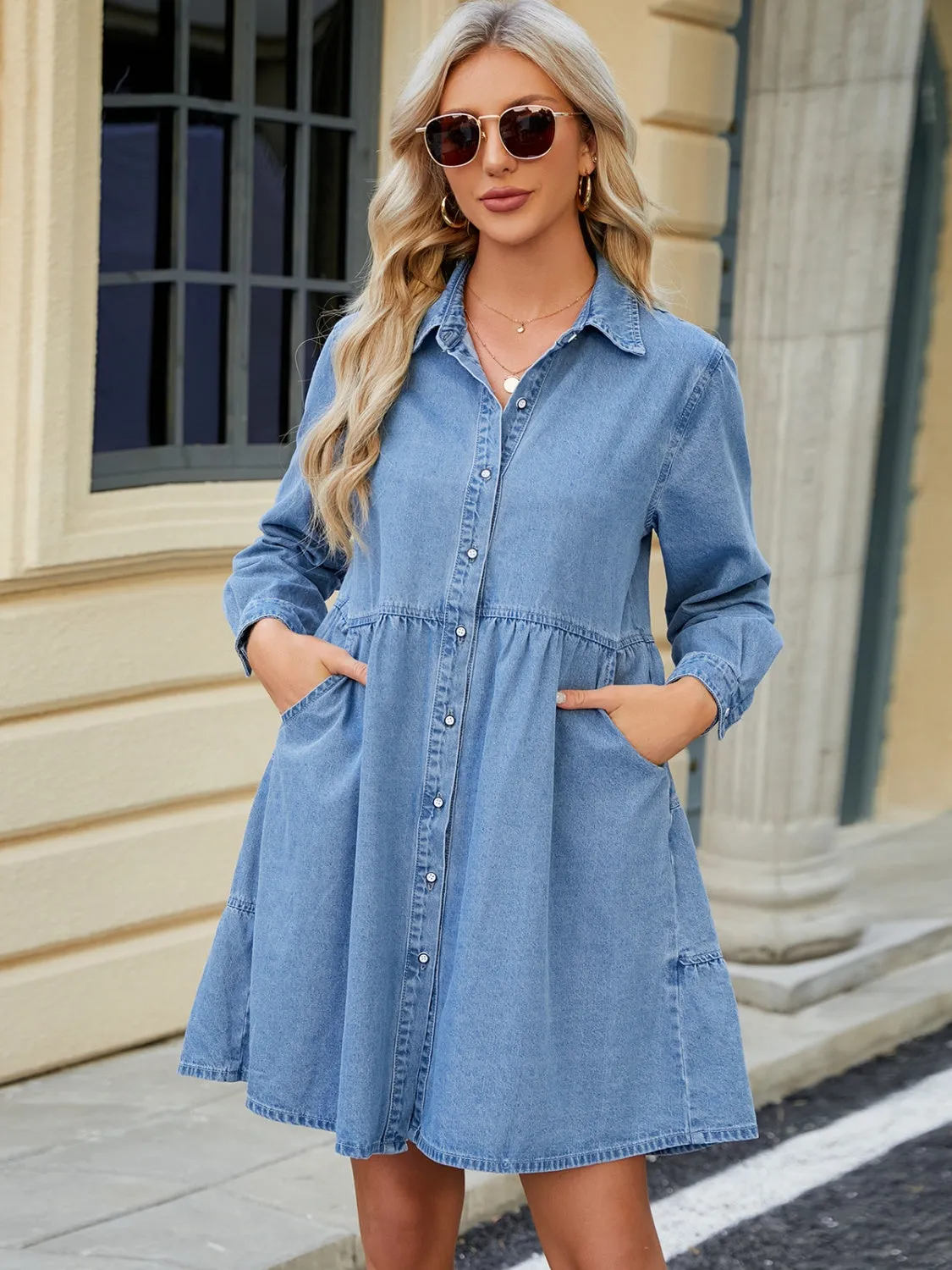 Tiered Button Up Long Sleeve Denim Dress sold by Charming Charlie product image thumbnail 4