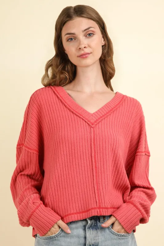 VERY J Exposed Seam V-Neck Ribbed Knit Top sold by Charming Charlie