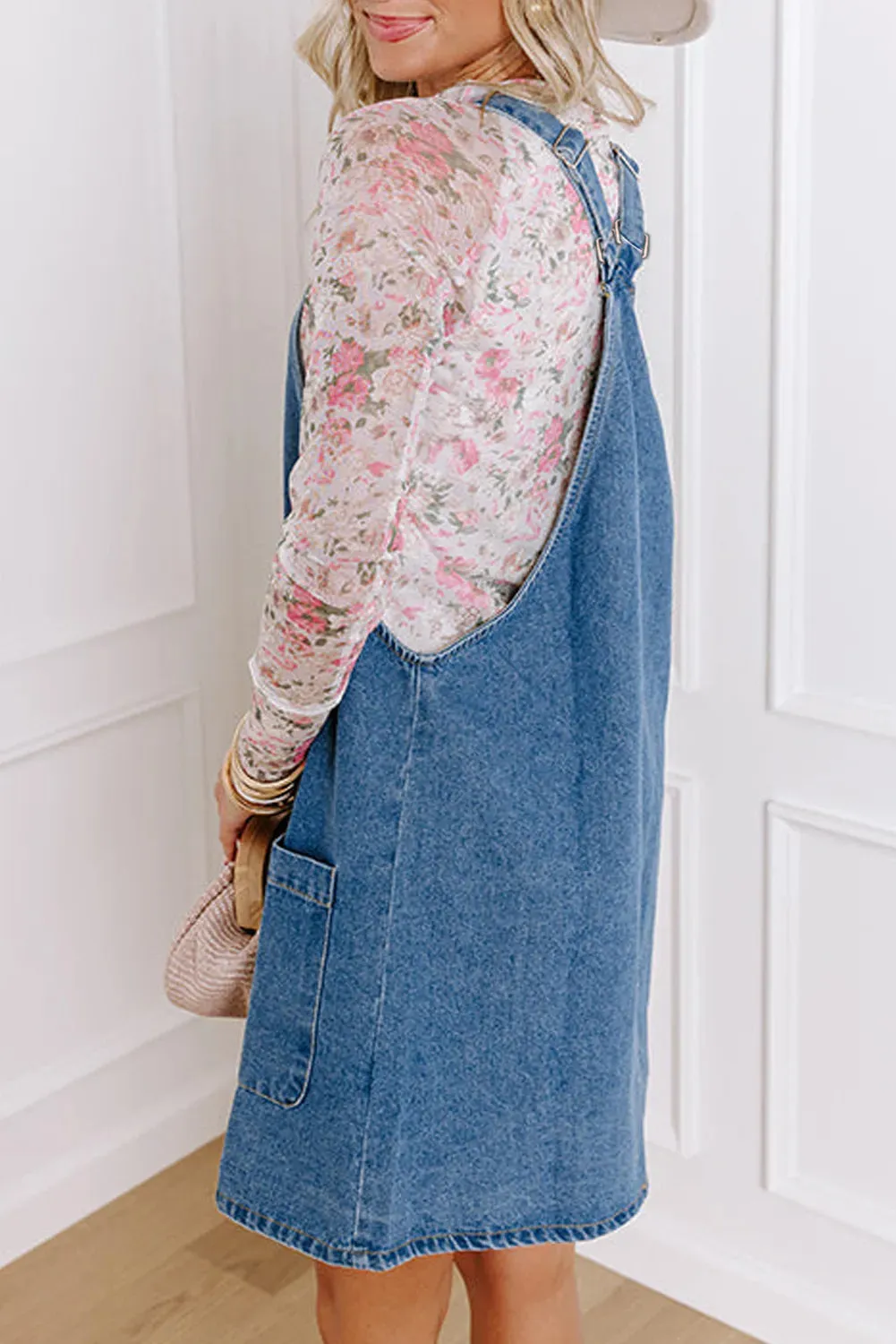 Square Neck Wide Strap Denim Overall Dress sold by Charming Charlie product image thumbnail 2