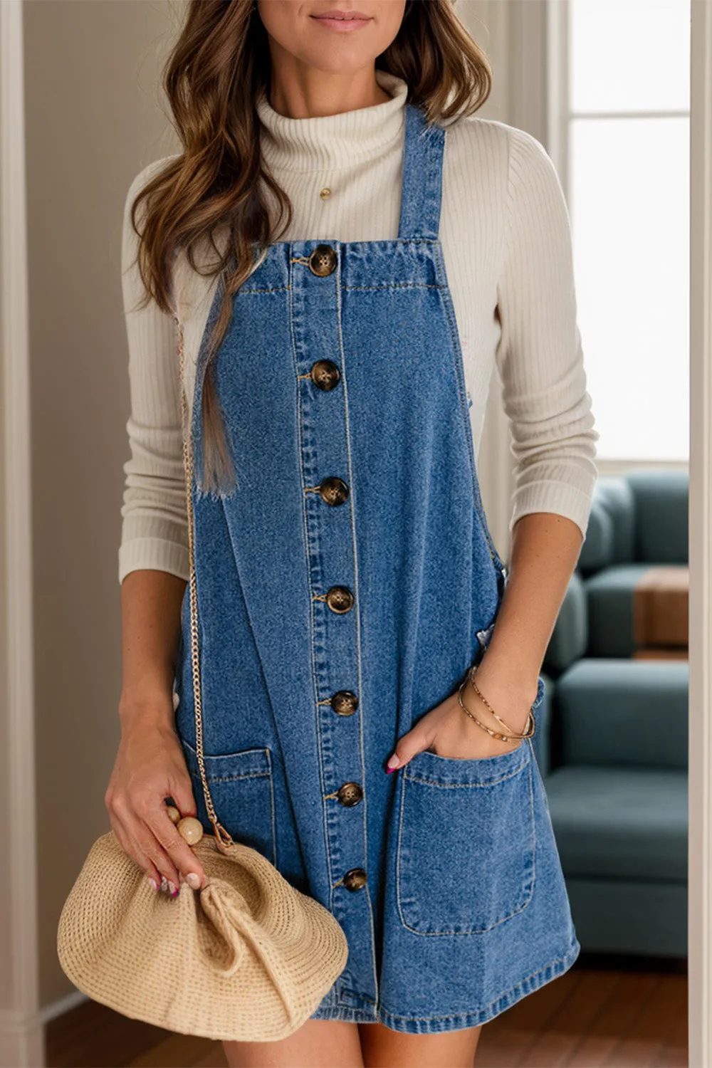 Square Neck Wide Strap Denim Overall Dress sold by Charming Charlie