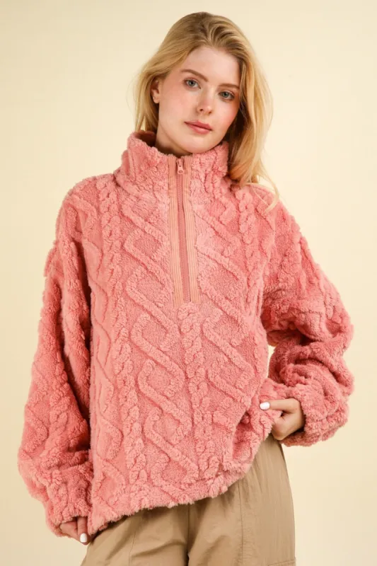 VERY J Fuzzy Fleece Half Zip Cable Pattern Sweatshirt sold by Charming Charlie