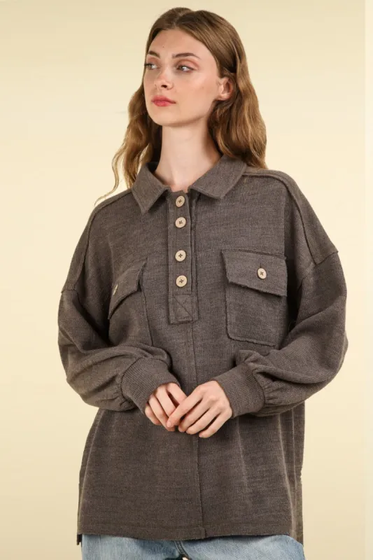 VERY J Collared Half Button Knit Top with Pockets sold by Charming Charlie