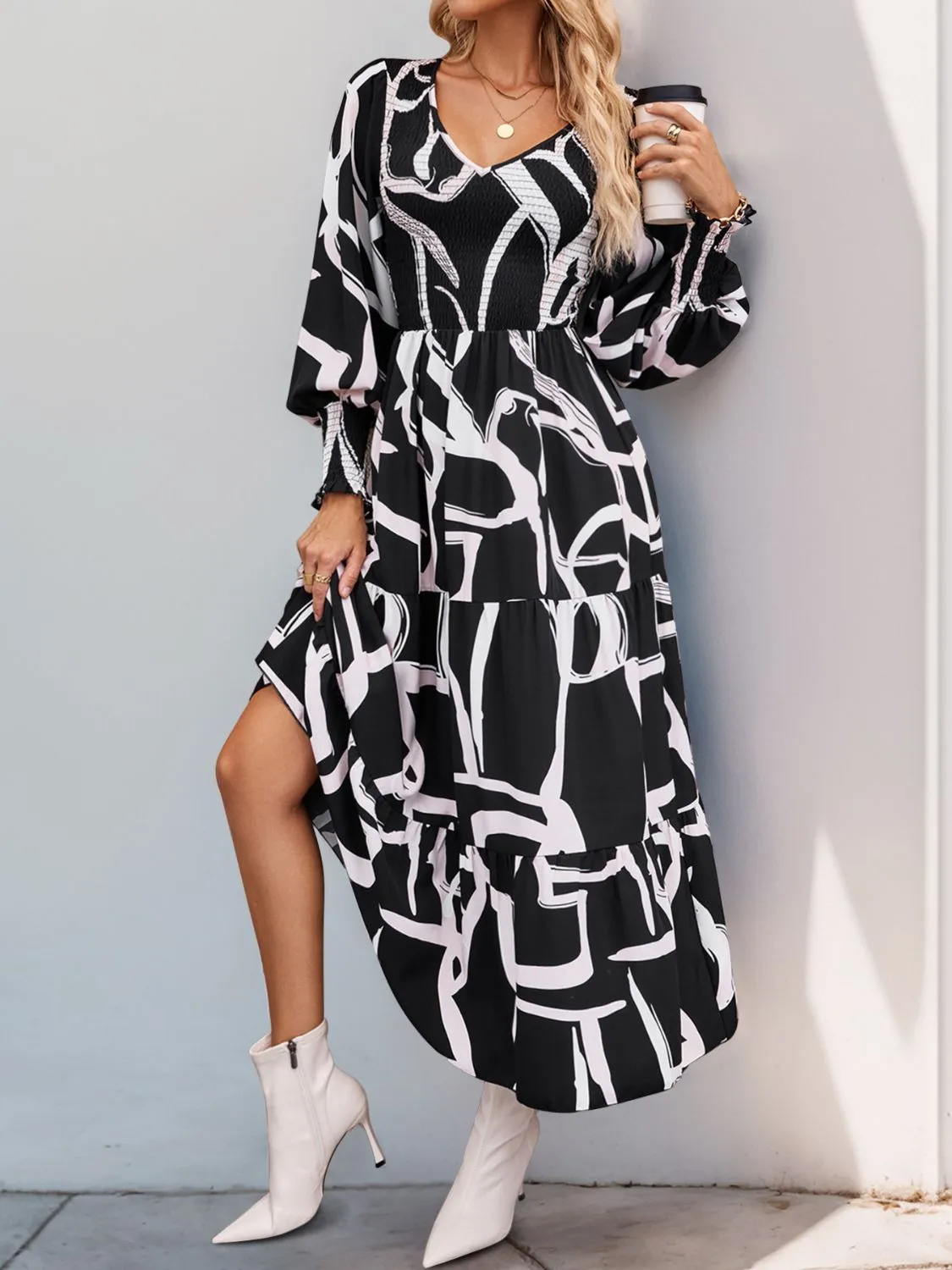 Perfee Smocked Printed Long Sleeve Midi Dress sold by Charming Charlie product image thumbnail 4