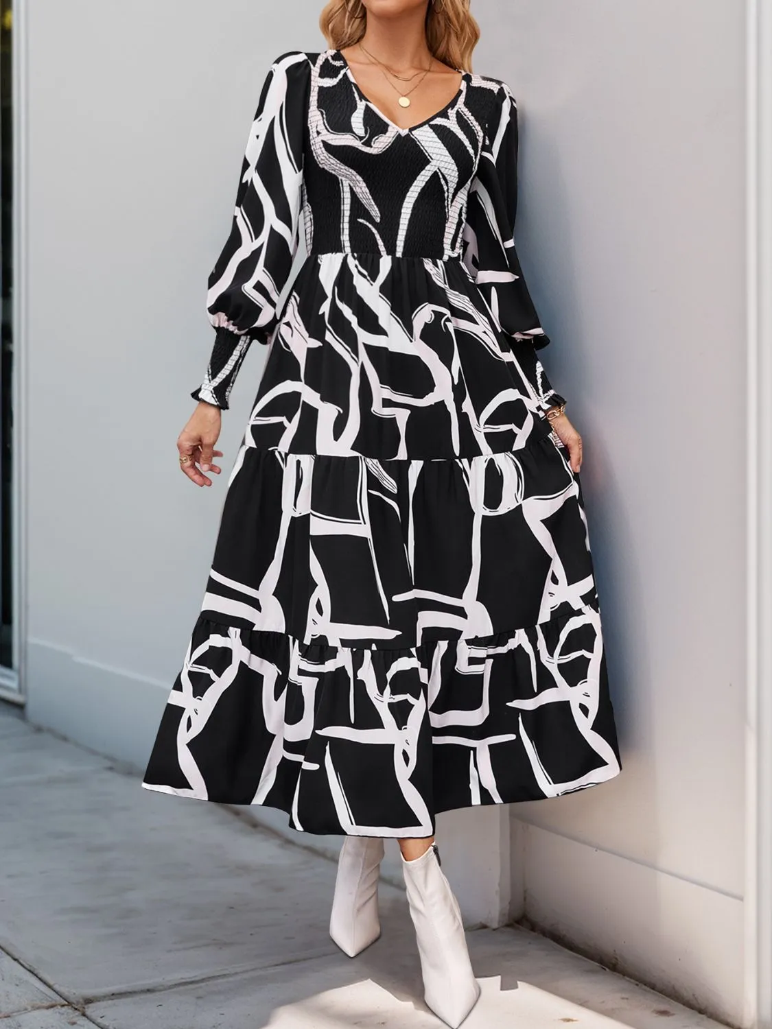 Perfee Smocked Printed Long Sleeve Midi Dress sold by Charming Charlie