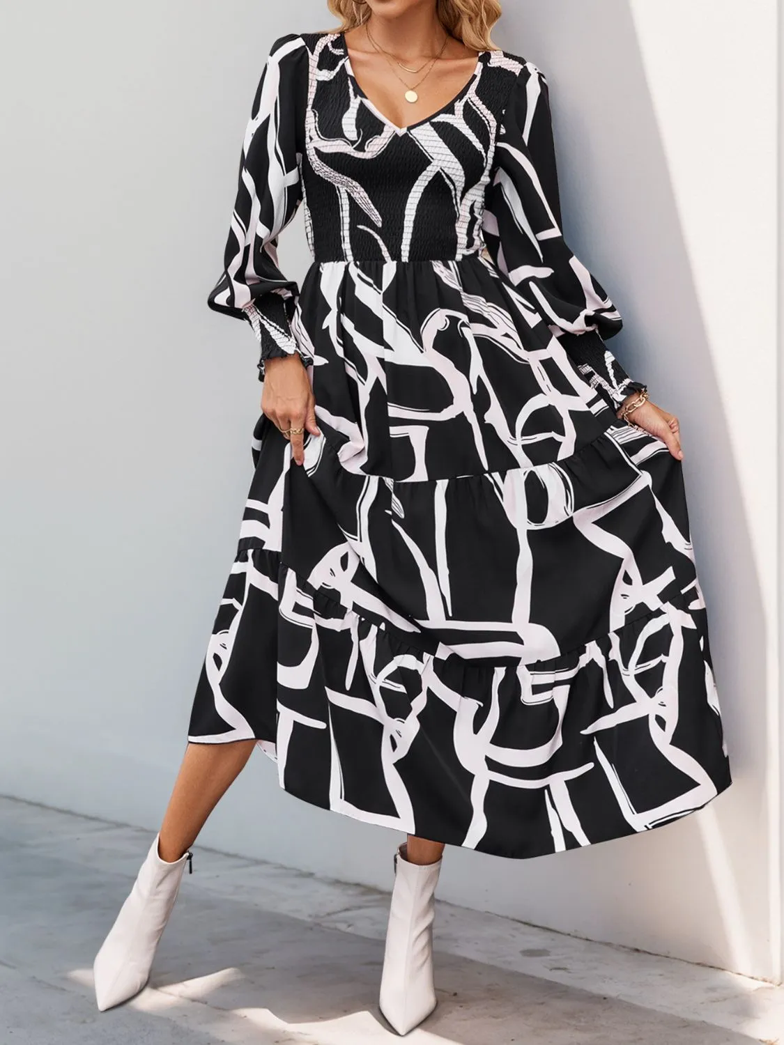 Perfee Smocked Printed Long Sleeve Midi Dress sold by Charming Charlie product image thumbnail 5