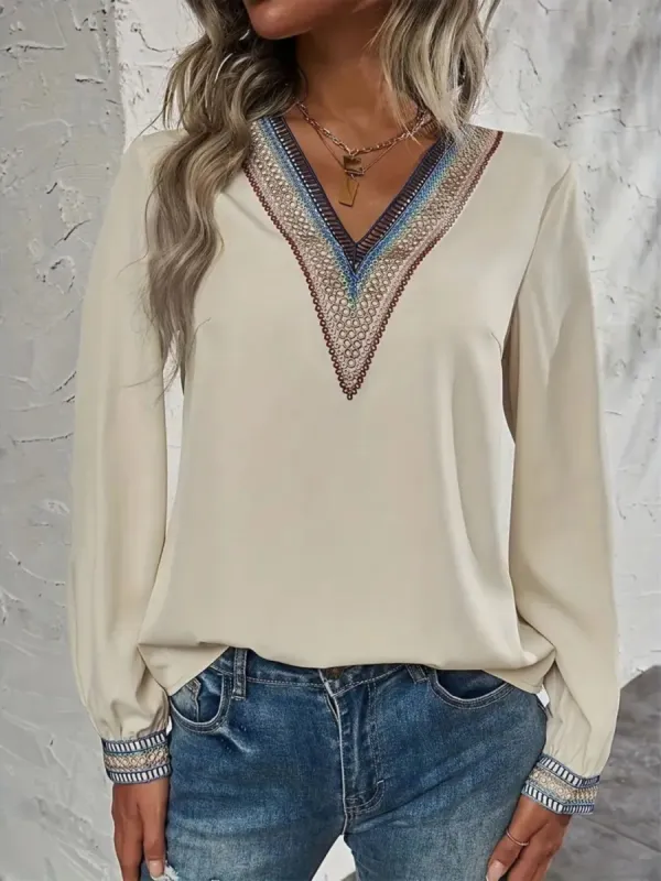 Contrast V-Neck Long Sleeve Blouse sold by Charming Charlie