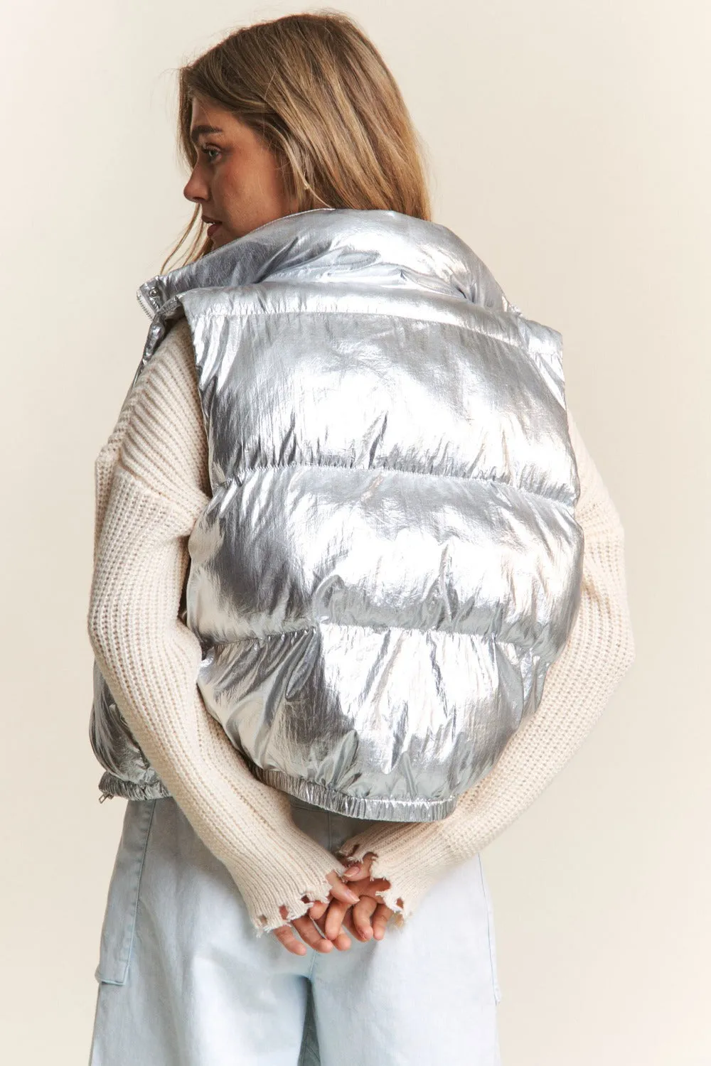 J.NNA Snap and Zipper Shiny Metallic Puffer Vest sold by Charming Charlie product image thumbnail 2