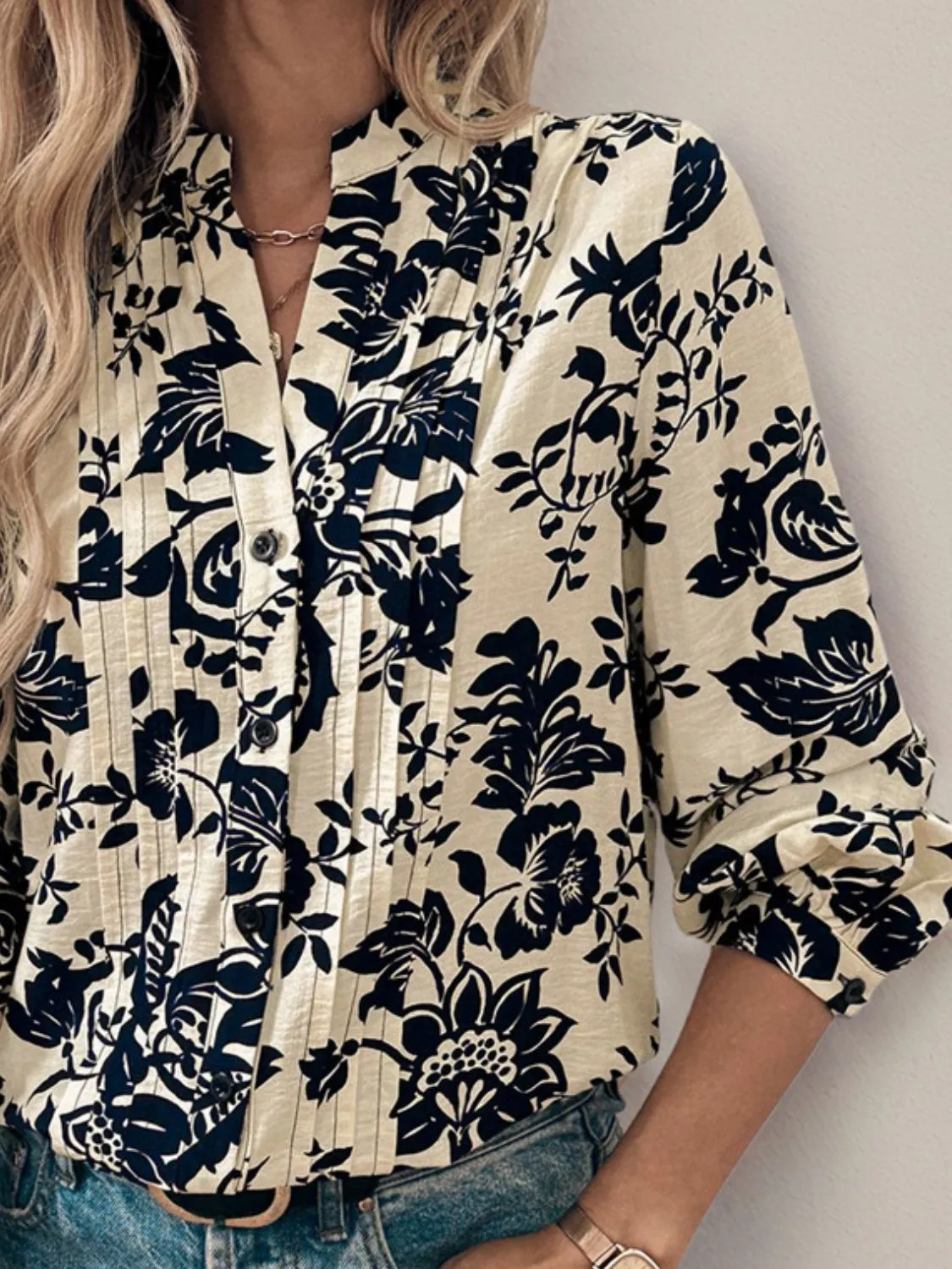 Perfee Printed Notched Long Sleeve Shirt sold by Charming Charlie product image thumbnail 4