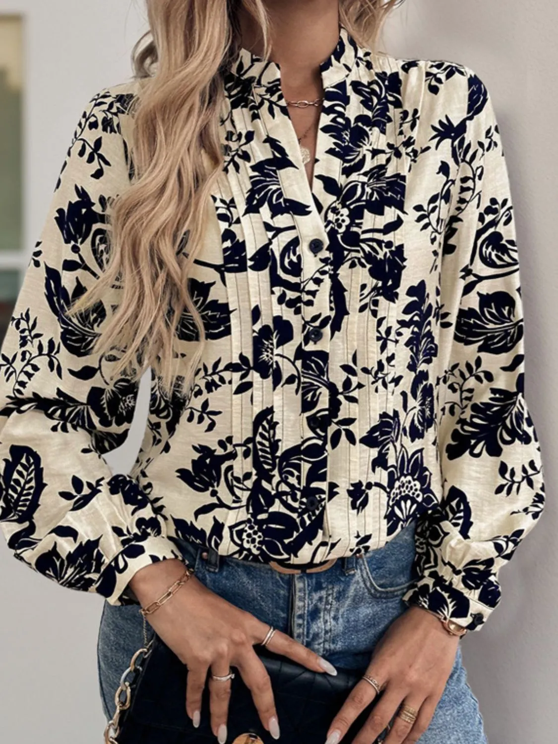 Perfee Printed Notched Long Sleeve Shirt sold by Charming Charlie