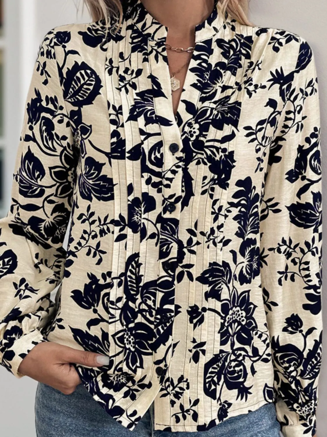 Perfee Printed Notched Long Sleeve Shirt sold by Charming Charlie product image thumbnail 5