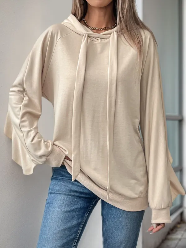 Perfee Drawstring Ruffled Long Sleeve Hoodie sold by Charming Charlie
