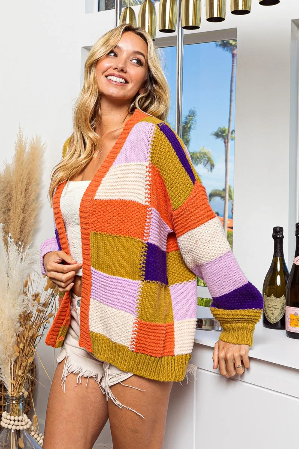 BiBi Checkered Color Block Sweater Cardigan sold by Charming Charlie product image thumbnail 3