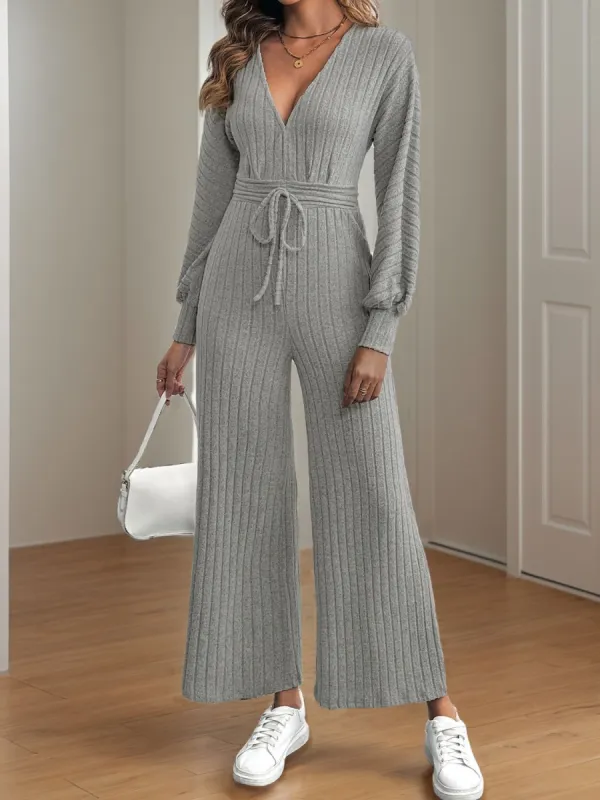 V-Neck Long Sleeve Wide Leg Jumpsuit sold by Charming Charlie