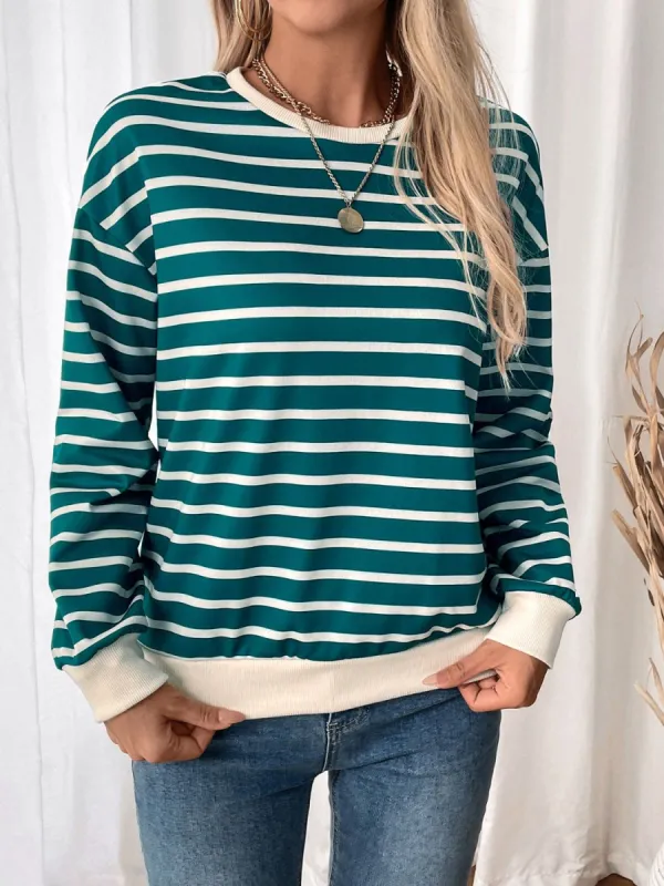 Perfee Striped Contrast Round Neck Long Sleeve Sweatshirt sold by Charming Charlie