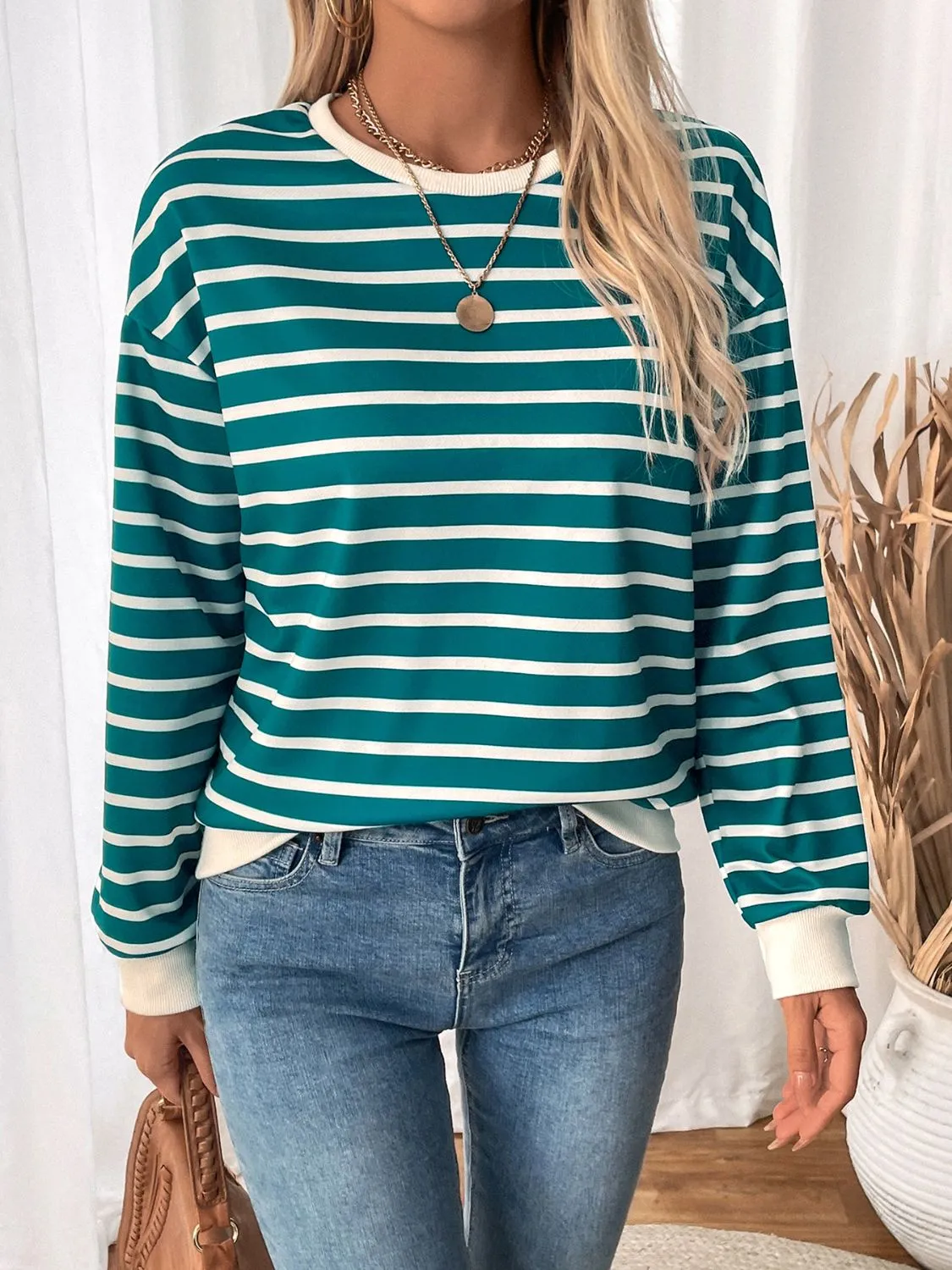 Perfee Striped Contrast Round Neck Long Sleeve Sweatshirt sold by Charming Charlie product image thumbnail 3