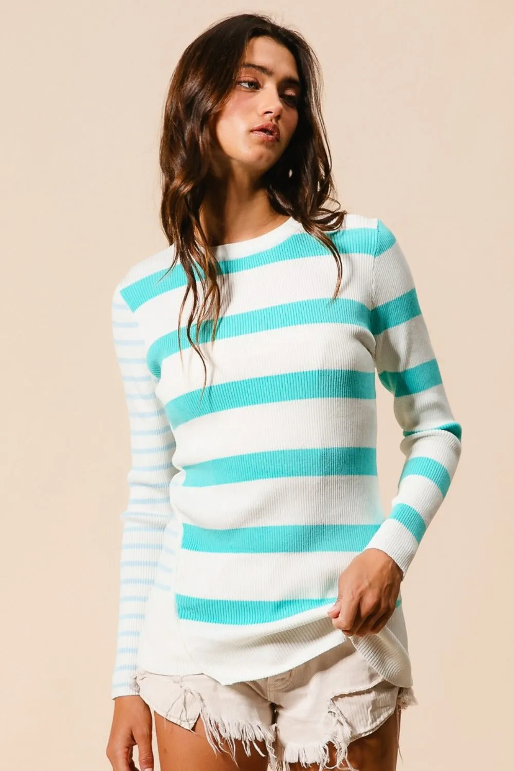 BiBi Contrast Striped Asymmetrical Hem Knit Top sold by Charming Charlie product image thumbnail 4