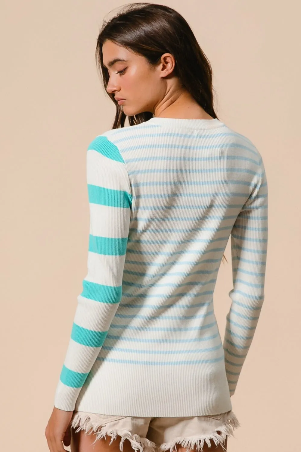 BiBi Contrast Striped Asymmetrical Hem Knit Top sold by Charming Charlie product image thumbnail 2