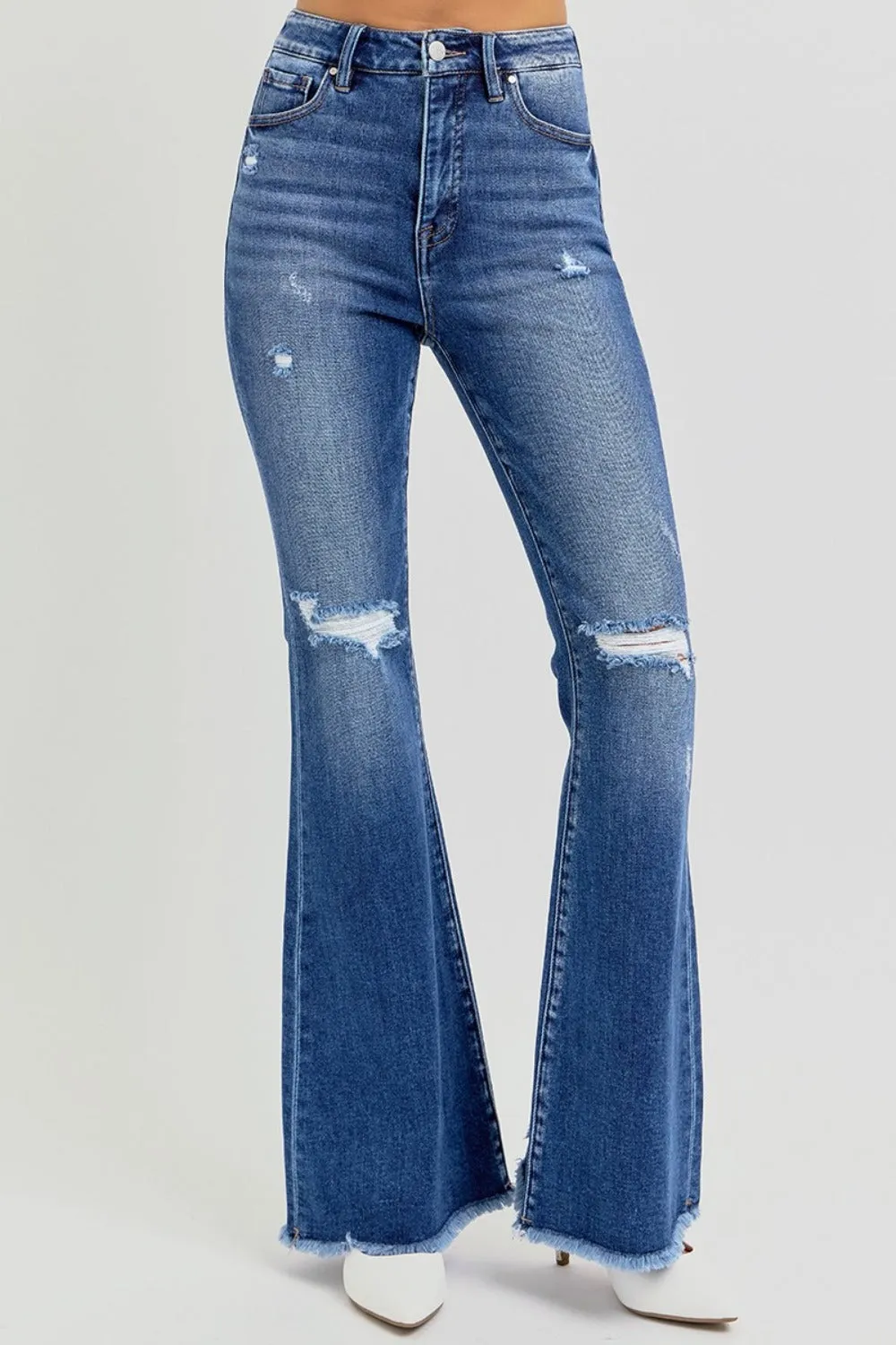RISEN Full Size High Rise Distressed Raw Hem Flare Jeans sold by Charming Charlie product image thumbnail 4