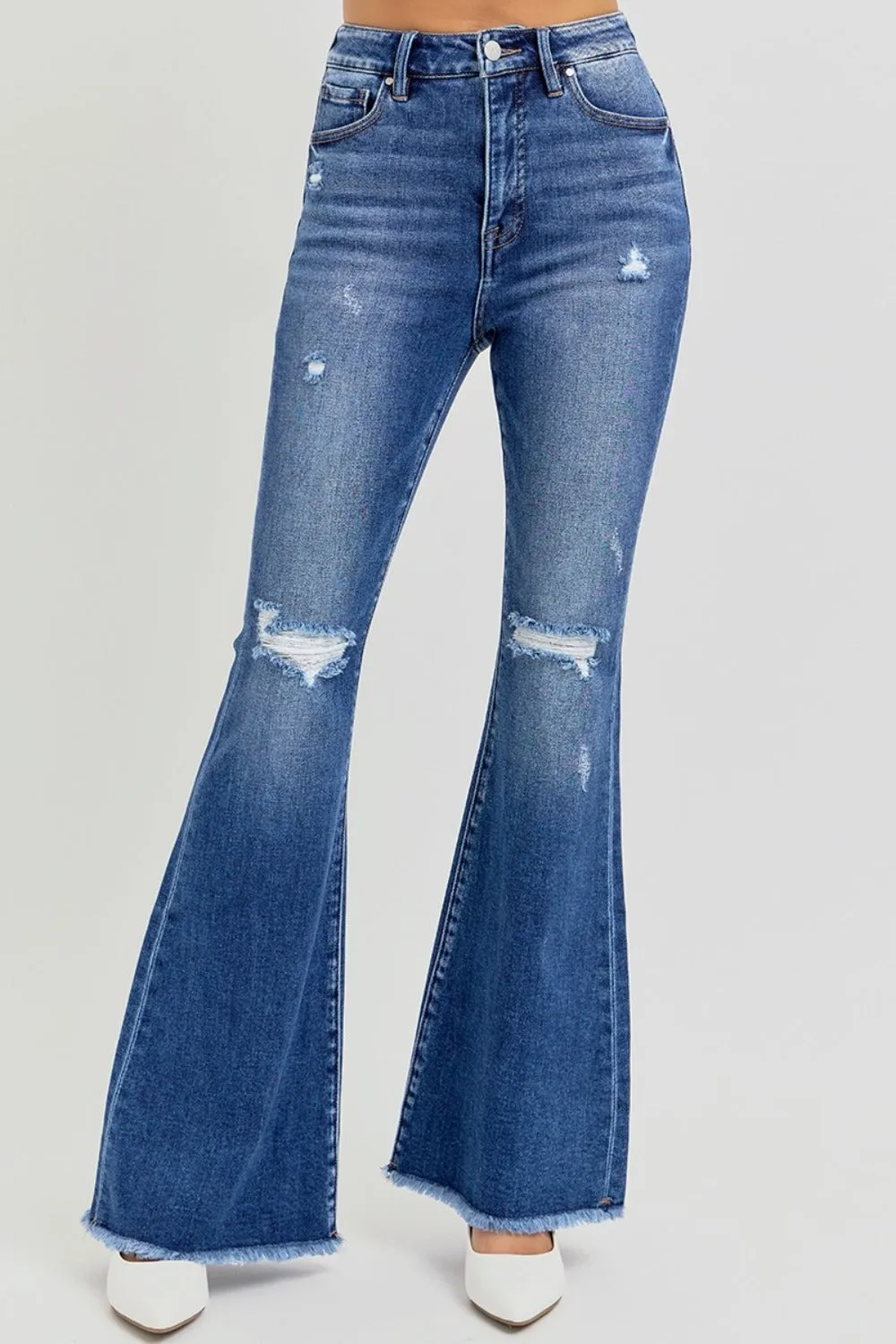 RISEN Full Size High Rise Distressed Raw Hem Flare Jeans sold by Charming Charlie