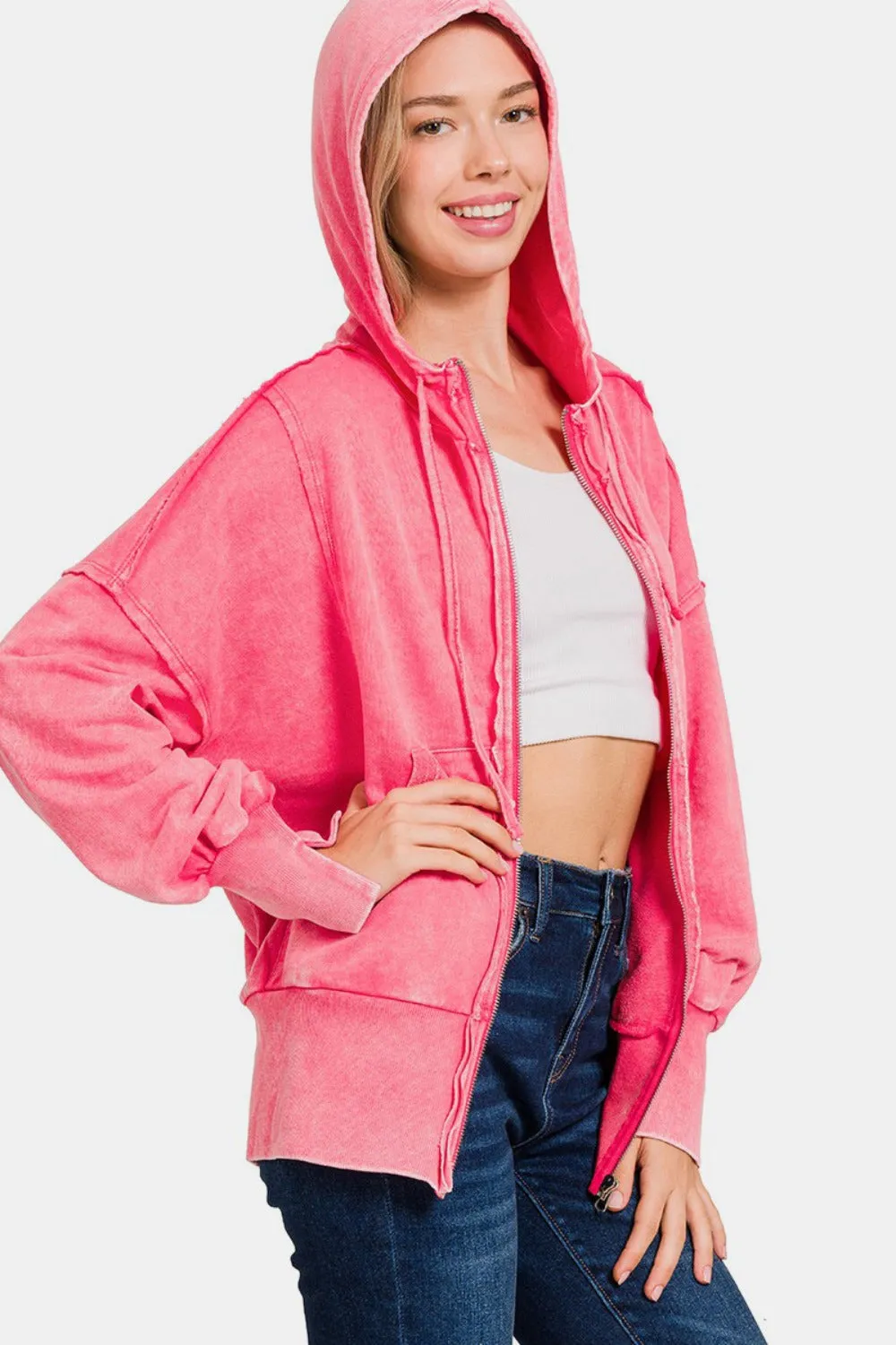 Zenana Acid Washed French Terry Zip-Up Hoodie with Pockets sold by Charming Charlie product image thumbnail 3