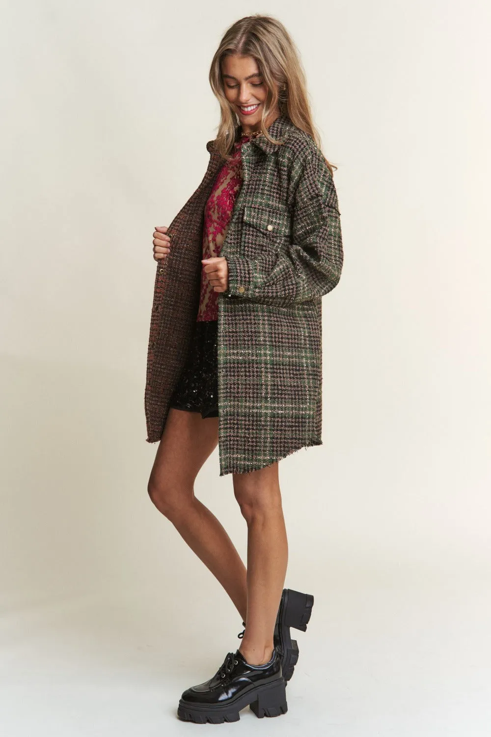 J.NNA Snap Down Tweed Plaid Contrast Longline Shacket sold by Charming Charlie product image thumbnail 5
